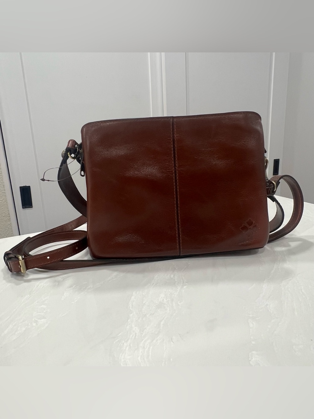 Patricia Nash Vintage Distress Isaura Crossbody Cognac Leather Patent Bohemian